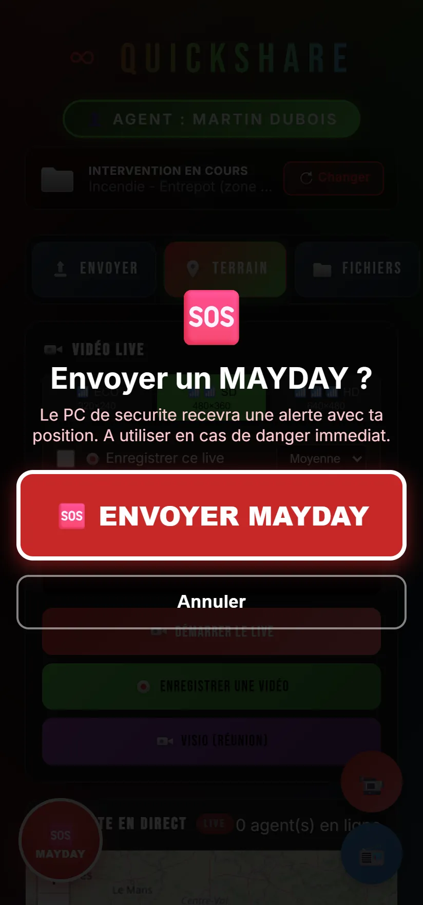 Obrazovka tísně MAYDAY na straně agenta